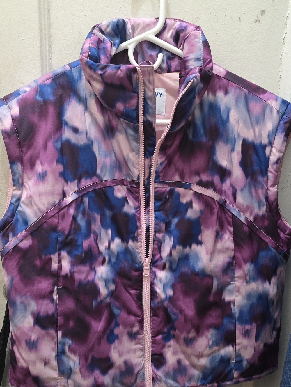 Old Navy Pink, Purple & Blue Watercolor Puffer Vest